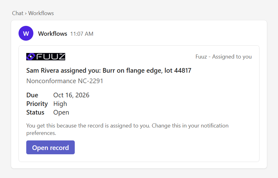 A direct message from Workflows: a nonconformance was assigned to you, with due date, priority, status and an Open record button.