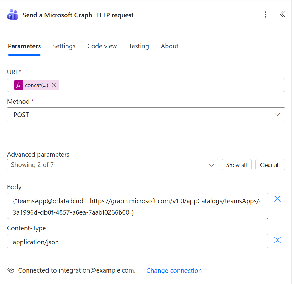 The Send a Microsoft Graph HTTP request step: URI built with concat, method POST, and a body binding the Workflows app from the Teams app catalog.