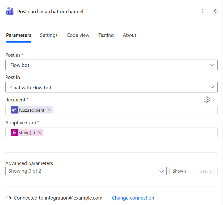 The Post card in a chat or channel step: post as Flow bot, in a chat with Flow bot, recipient from the fuuz routing object, and the Adaptive Card from the request body.